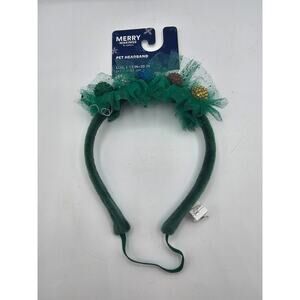 Merry Makings green pet headband adorned with tinsel and small ornaments